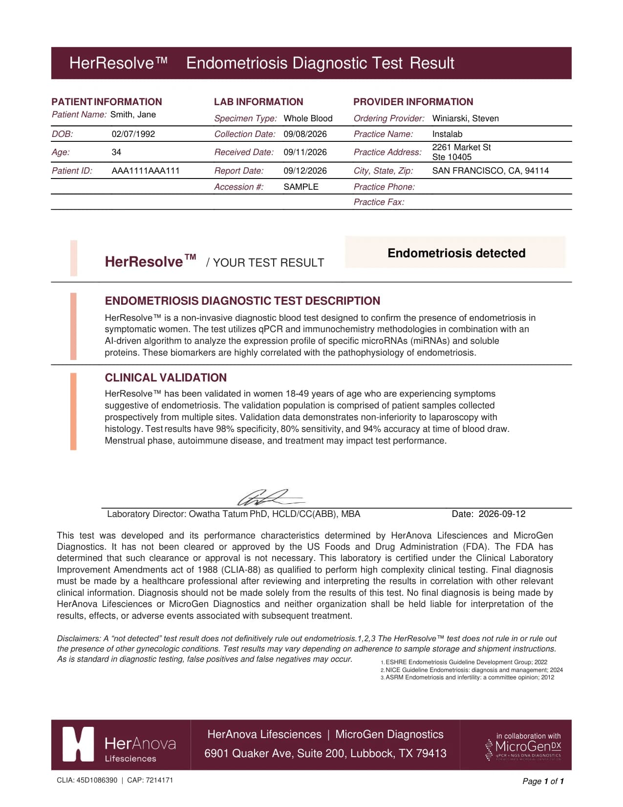 Sample HerResolve report showing the result banner